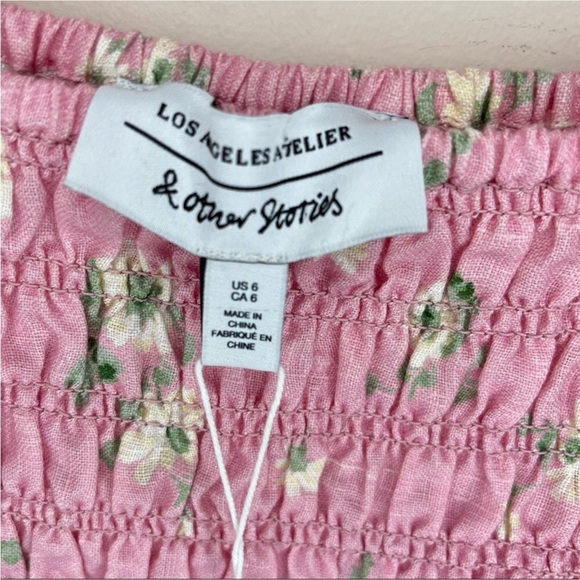 & OTHER STORIES Linen Midi Dress Pink Floral Smocked Printed Puff Sleeve NWT - Picture 8 of 11